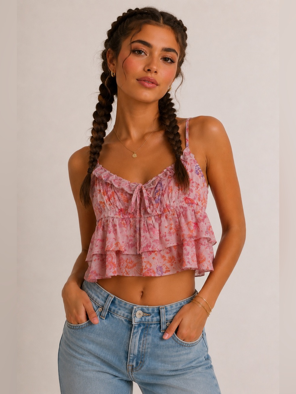 Wild Fable Pink Tiered Tie Front Camisole